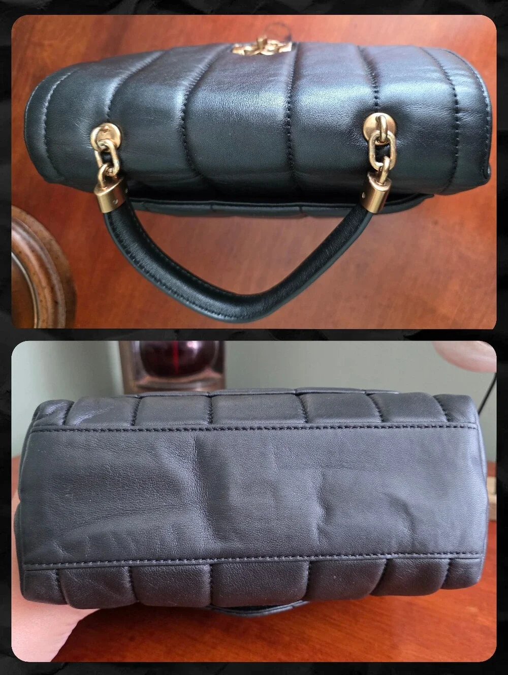 Tory Burch Mini Kira Top Handle Black Napa Leather Quilted Crossbody Bag